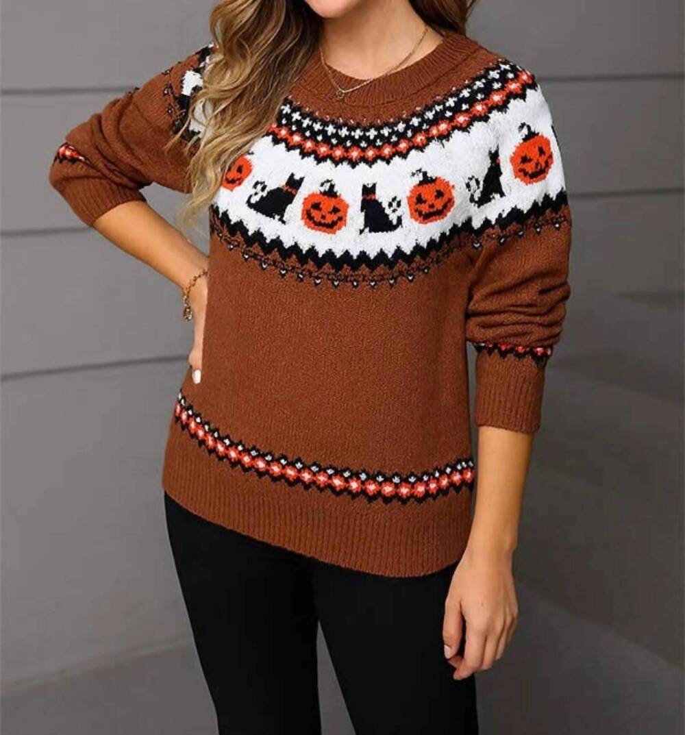 NEW ESLEY COLLECTION halloween fair isle sweater in brown
